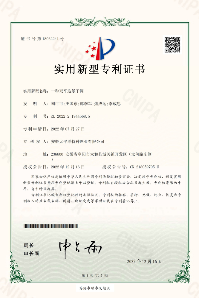一种双平造纸干网