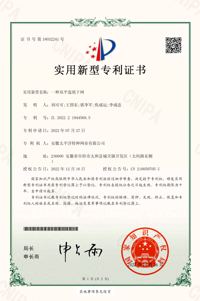 一种双平造纸干网